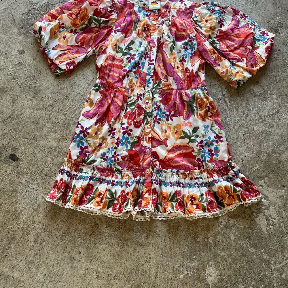 FARM Rio White Floral Button-Front Dress with Pink, Orange & Green Print